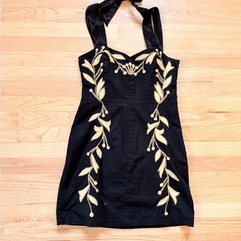 Free People Black Dress with Embroidered Vintage Gold Leaf Motif